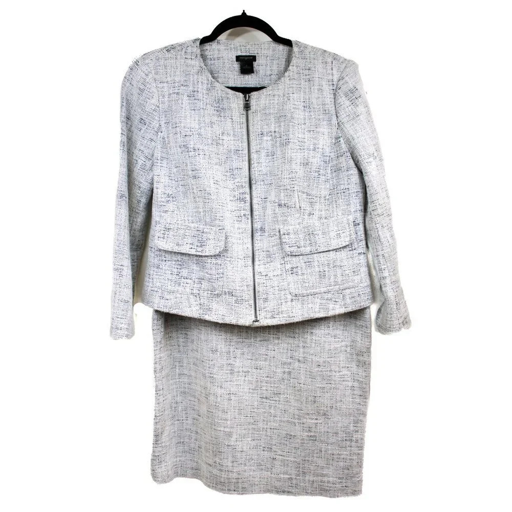 Ann Taylor Light Gray Tweed Zip Front Suit Jacket and Skirt Set